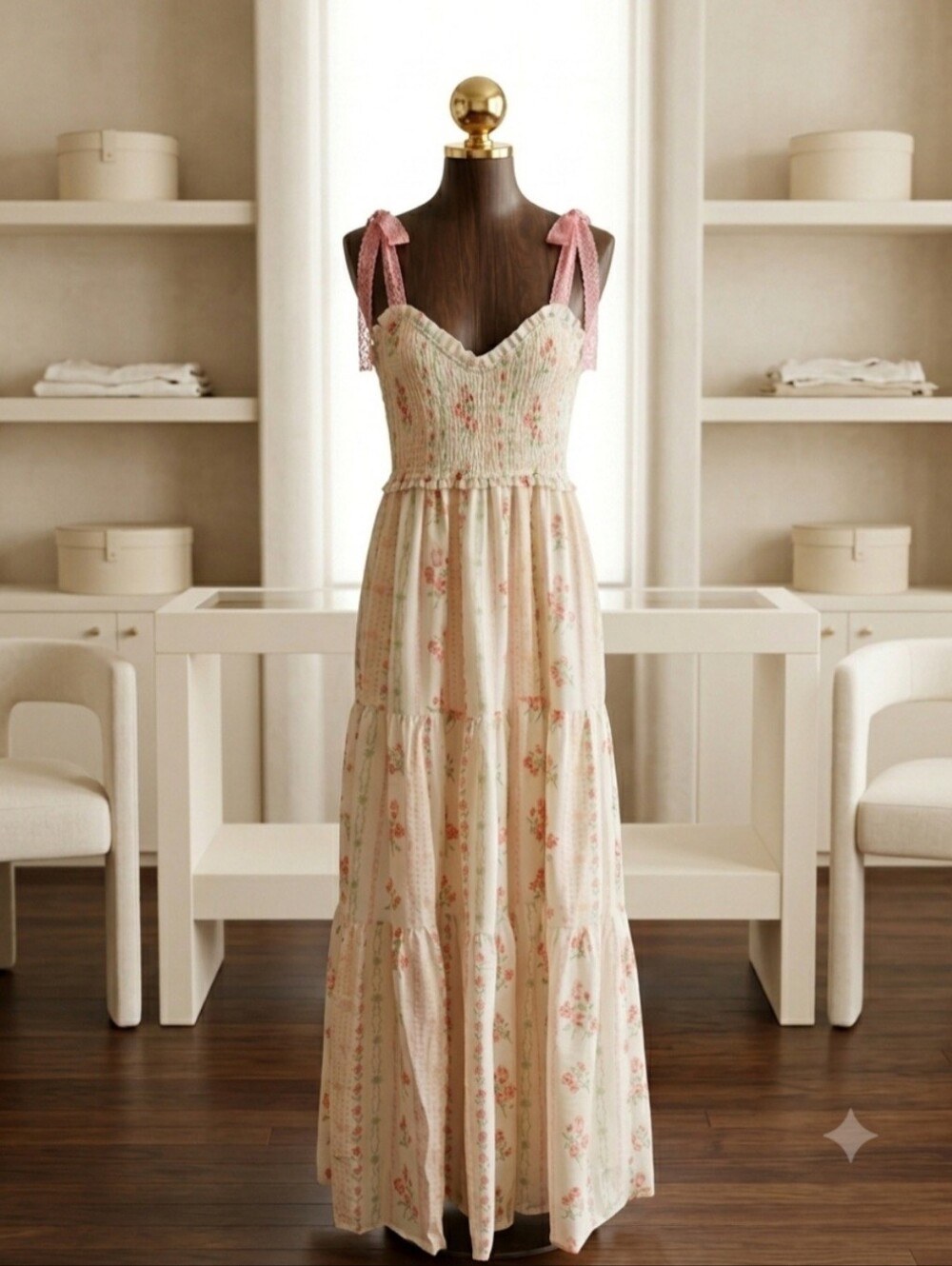 J.NNA Med Rose Stripe Smocked Maxi Dress Cottagecore Romantic
